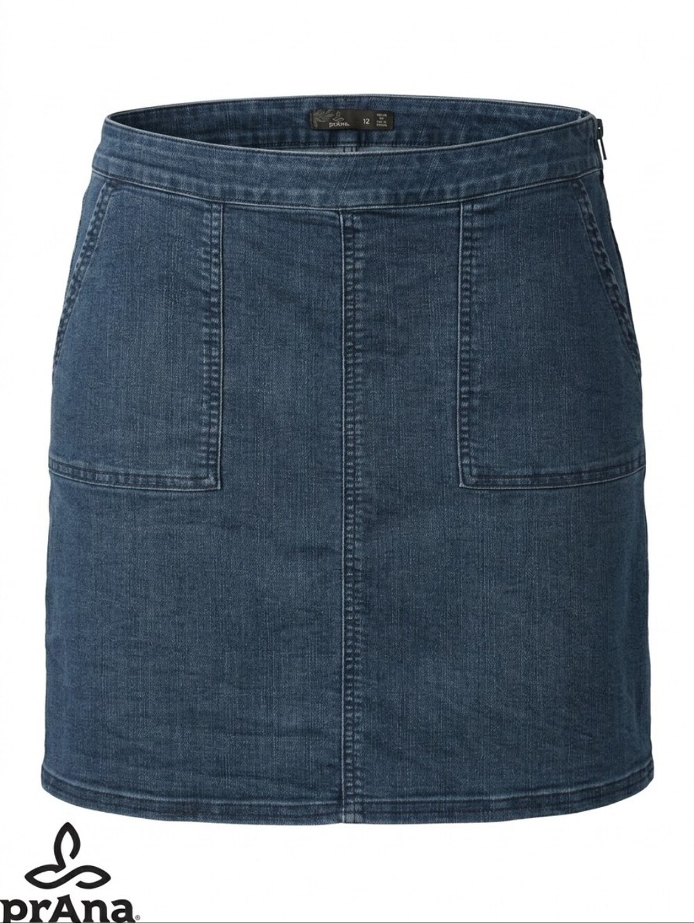 prAna Kara Denim Stretch A-Line Mini Skirt Indigo Blue 12 Travel Hiking Pockets - Picture 1 of 8